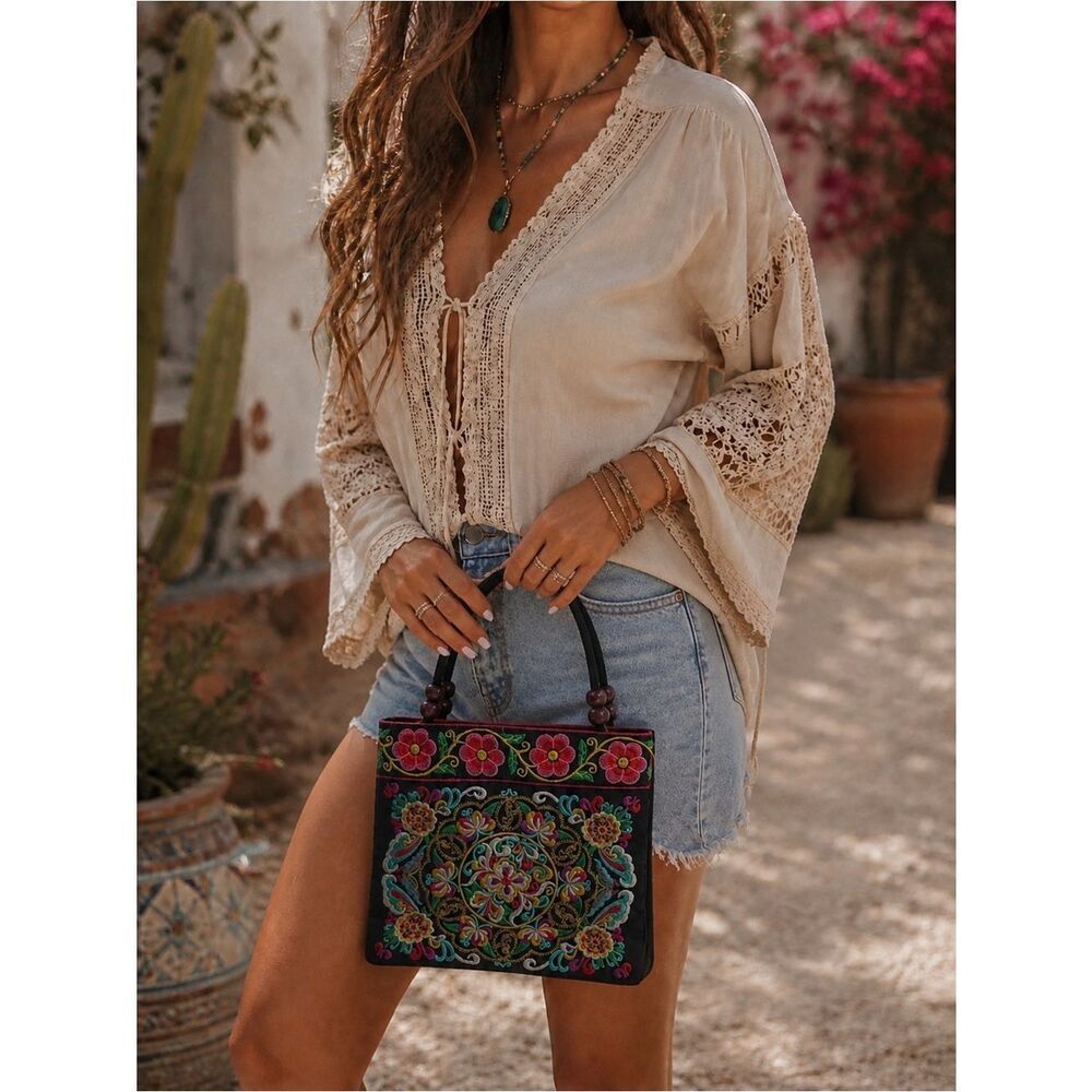 Anthropologie Beaded and Embroidered Bohemian Floral Square Handbag